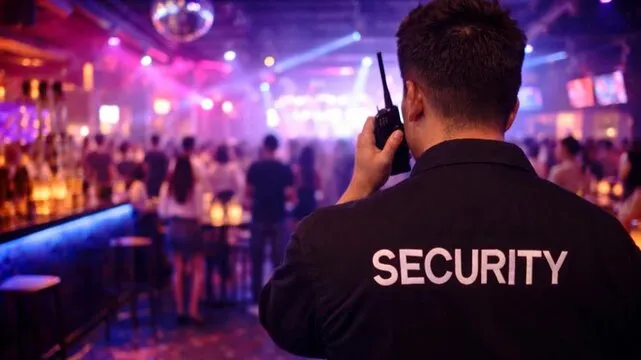 Segurança falando no rádio durante um evento
