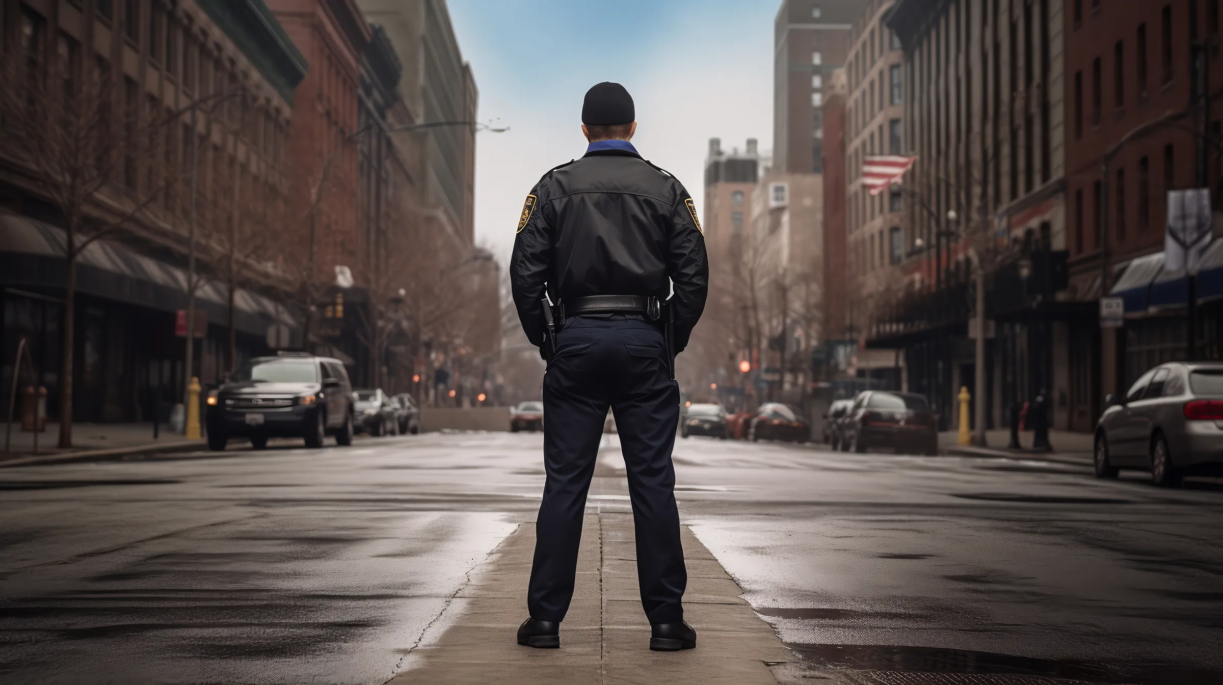Agente de segurança de costas no meio de uma avenida da cidade